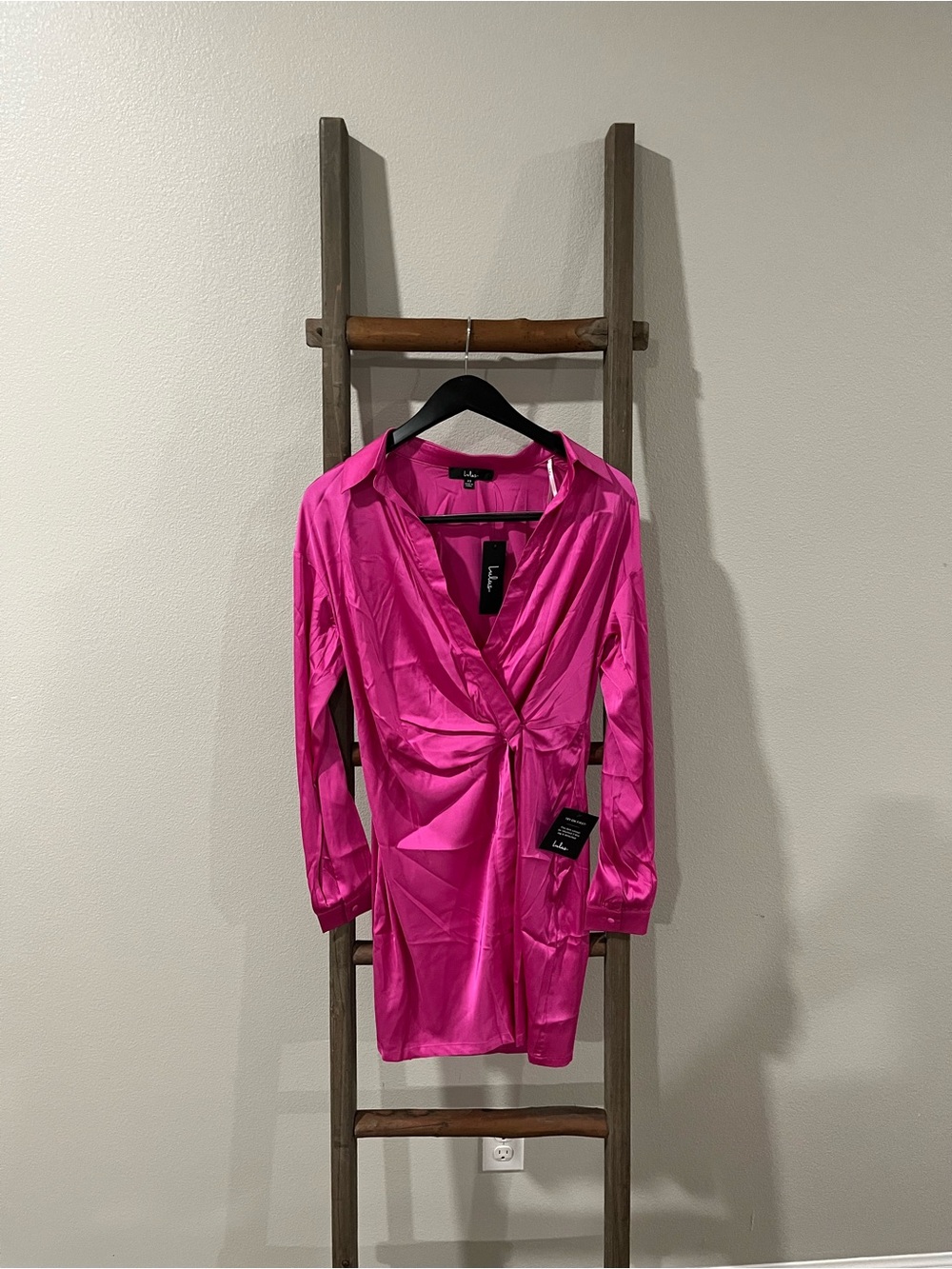 Lulu's Bright Fuchsia Twist-Front Satin Shirt Dress